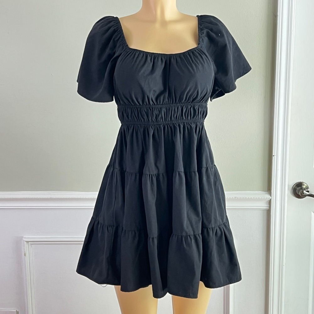 Coco Love Mini Dress Sz S Women Puff Sleeve Smocked Tiered Black Cottagecore